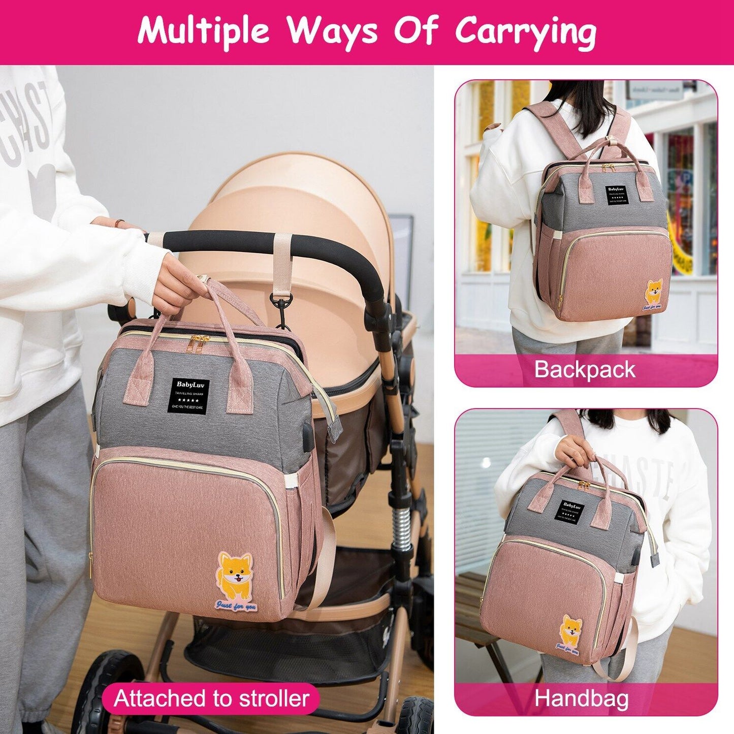 3-in-1 Baby Diaper Bag Backpack with Changing Station Portable Mommy Travel Bag