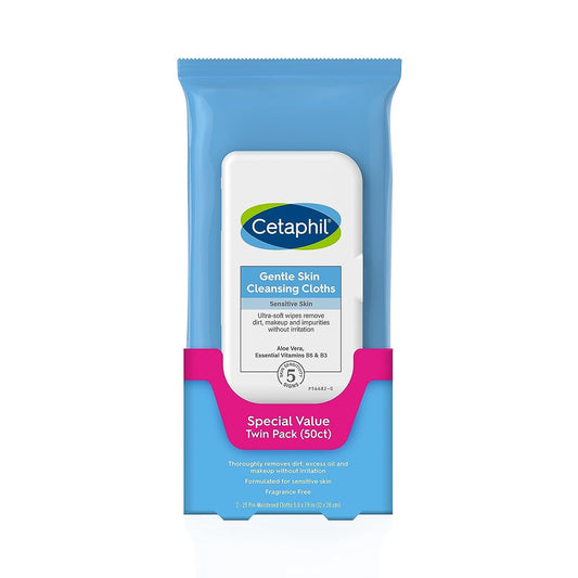 Cetaphil Face and Body Wipes, Gentle Skin Cleansing Cloths, 50 Count, Twin Pack, for Dry, Sensitive Skin, Flip Top Closure, Great for the Gym, Travel, in the Car, Hypoallergenic, Fragrance Free