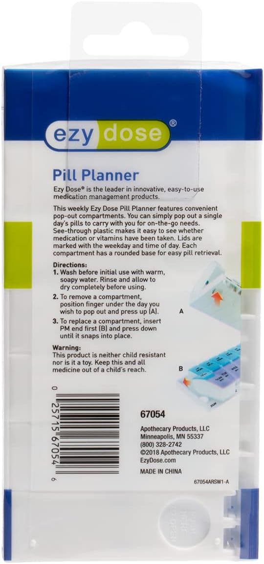 Ezy Dose Weekly (7-Day) AM/PM Pill Organizer, Vitamin and Medicine Box, Small Pop-out Compartments, 2 Times a Day, Blue and Purple Lids