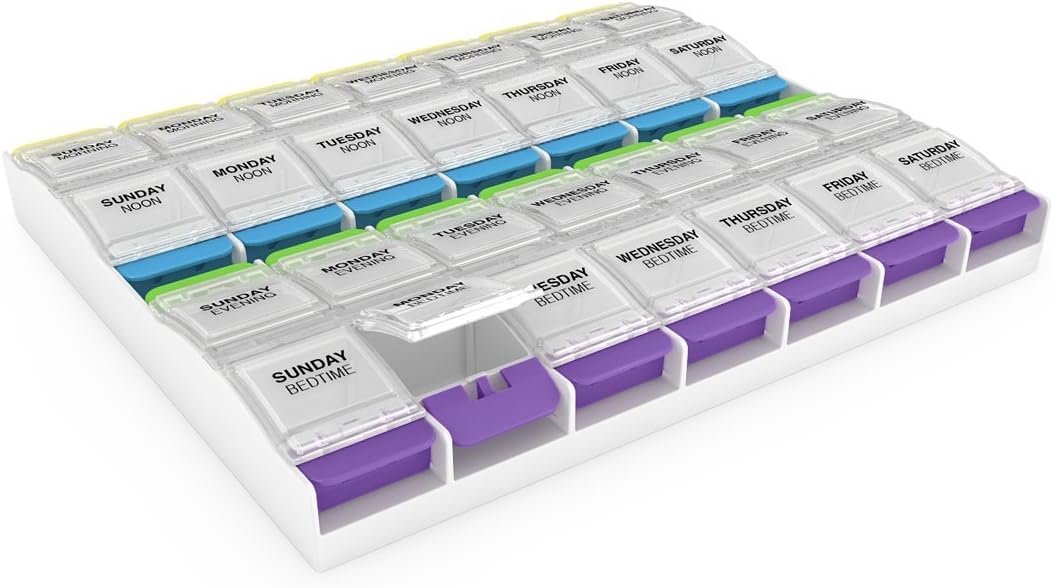 Ezy Dose Weekly (7-Day) Pill Organizer, Vitamin and Medicine Box, 2X-Large Push Button Compartments, 4 Times a Day, Clear Lids