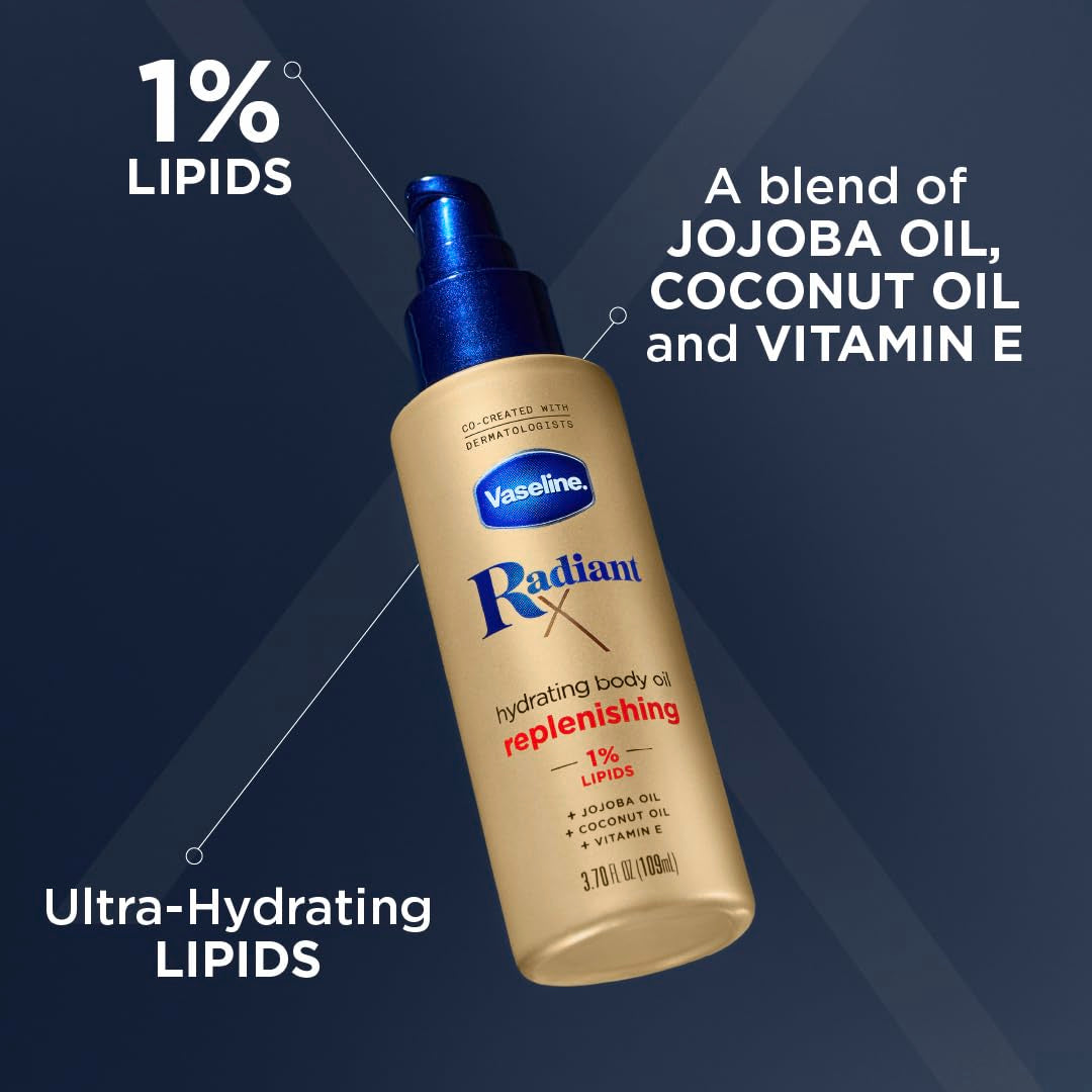 Vaseline Replenishing Hydrating Body Oil, with 1% Lipids, Jojoba Oil, Coconut Oil, & Vitamin E, 3.7 FL OZ