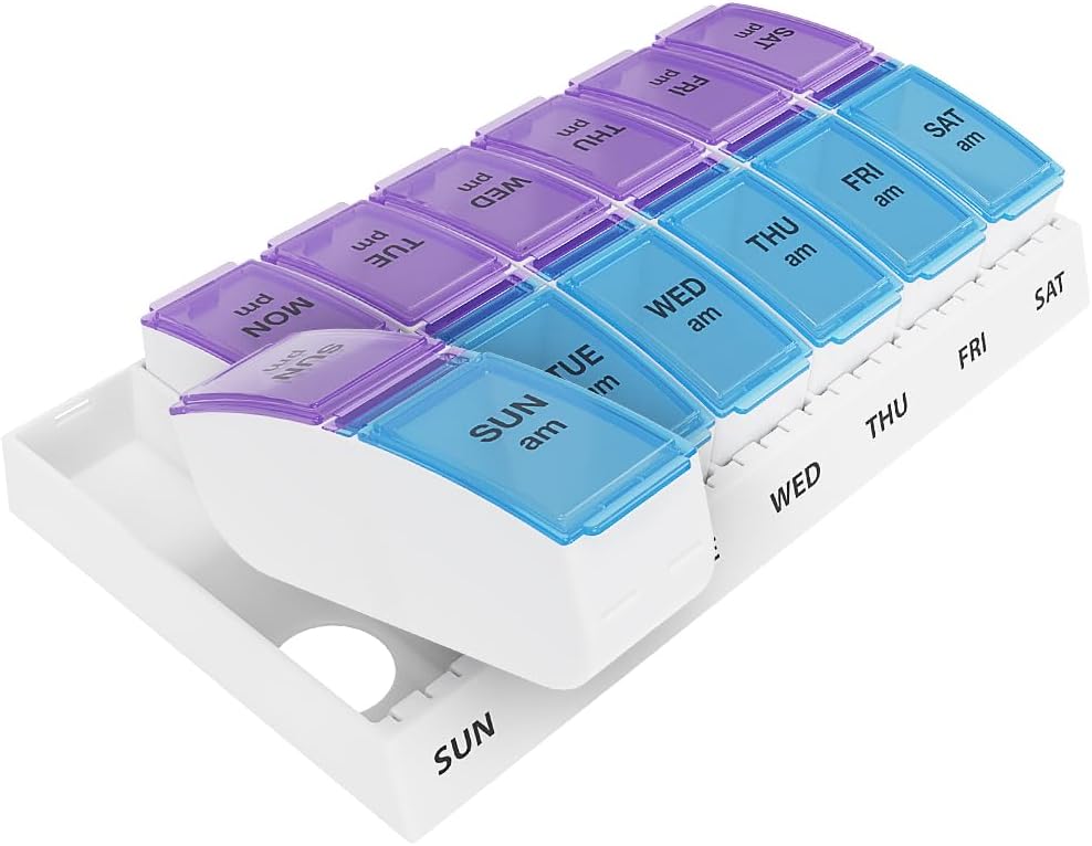 Ezy Dose Weekly (7-Day) AM/PM Pill Organizer, Vitamin and Medicine Box, Small Pop-out Compartments, 2 Times a Day, Blue and Purple Lids