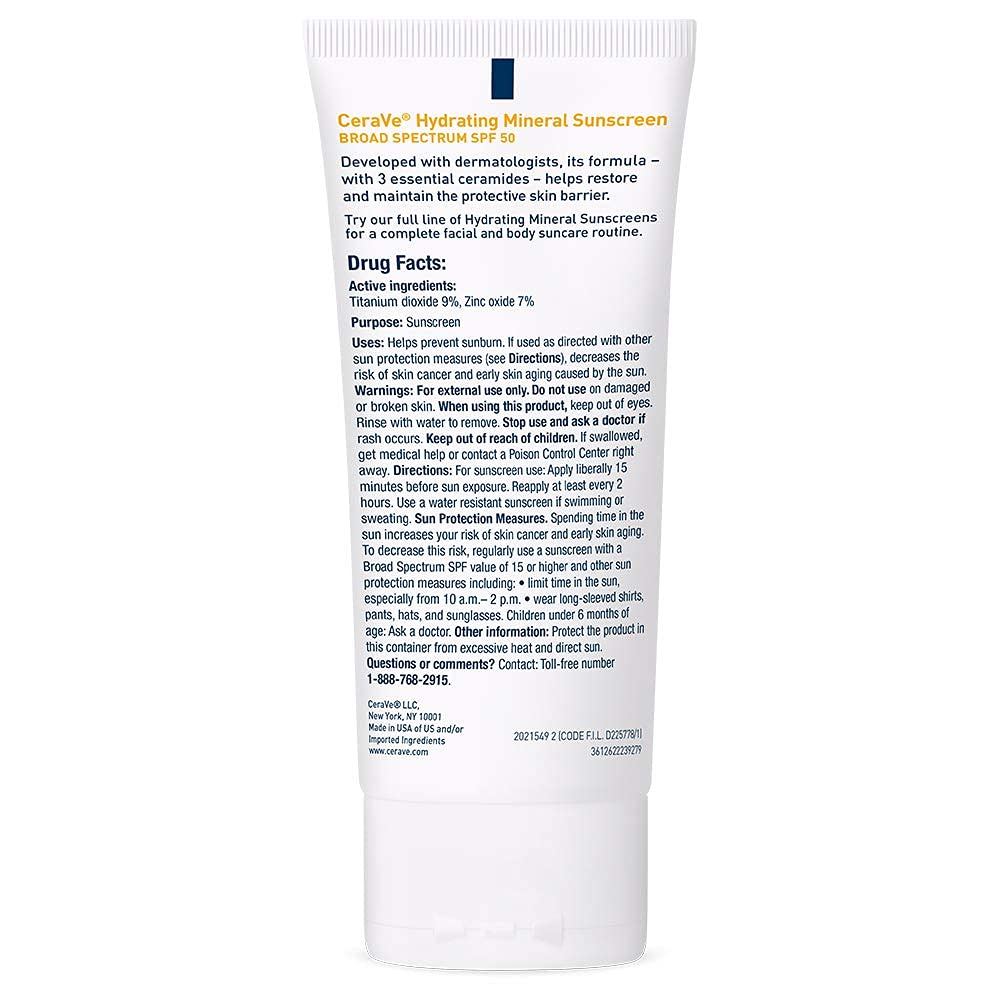 CeraVe 100% Mineral Sunscreen SPF 50 | Face Sunscreen with Zinc Oxide & Titanium Dioxide for Sensitive Skin | With Hyaluronic Acid, Niacinamide, and Ceramides | 2.5 oz