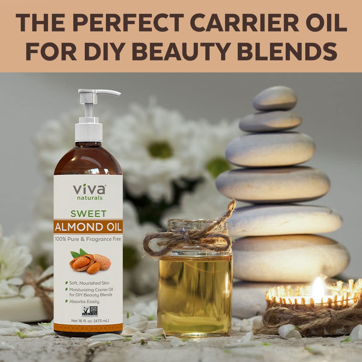 Viva Naturals Sweet Almond Oil - 100% Pure Hair and Skin Softener, Non-Greasy for Massage, Carrier Oil for Essential Oils and DIY Beauty Blends, Expeller-Pressed Almond Oil for Body, Non-GMO, 16 fl oz