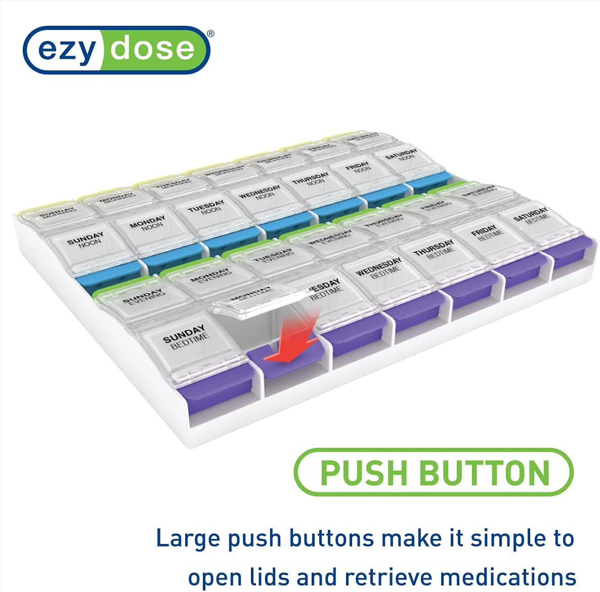 Ezy Dose Weekly (7-Day) Pill Organizer, Vitamin and Medicine Box, 2X-Large Push Button Compartments, 4 Times a Day, Clear Lids