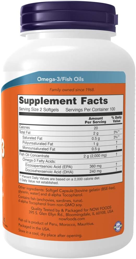 NOW Foods Omega 3 Fish Oil, 1000 mg, 200 Softgels