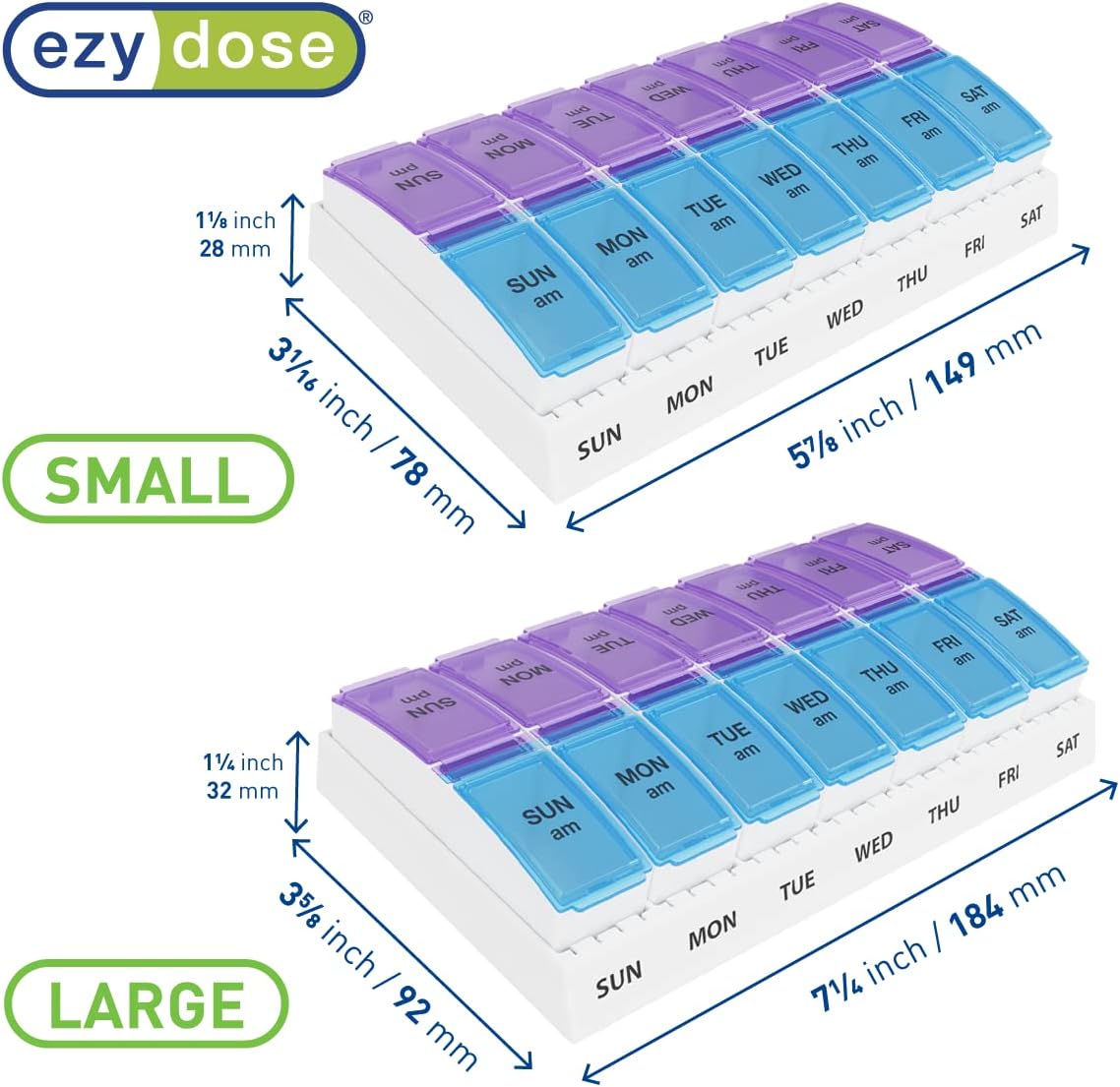 Ezy Dose Weekly (7-Day) AM/PM Pill Organizer, Vitamin and Medicine Box, Small Pop-out Compartments, 2 Times a Day, Blue and Purple Lids