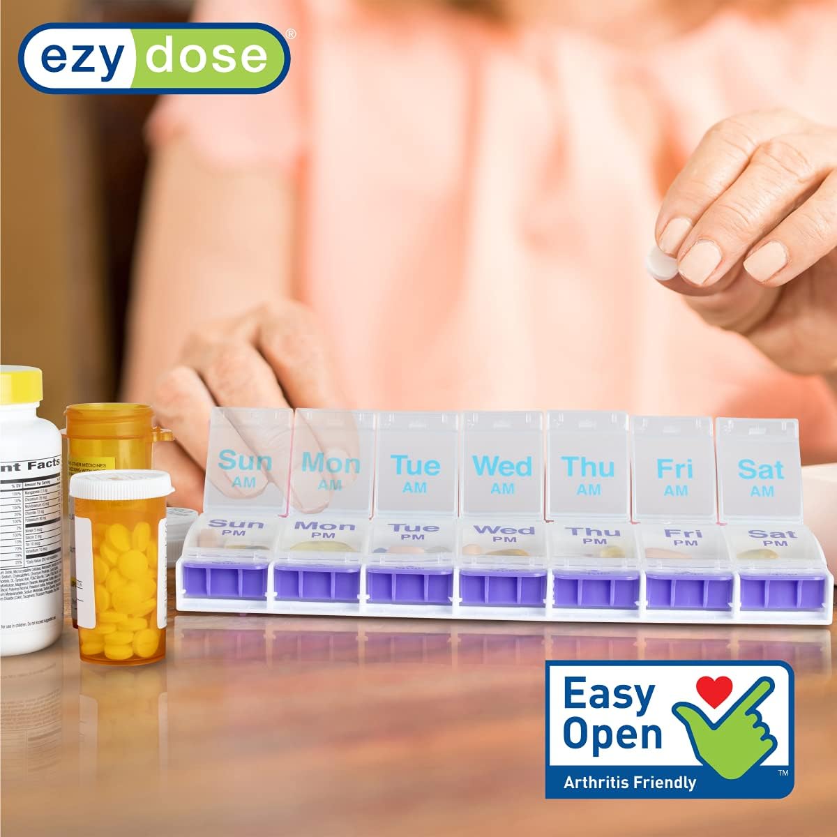 Ezy Dose Weekly (7-Day) Pill Organizer, Vitamin and Medicine Box, 2X-Large Push Button Compartments, 4 Times a Day, Clear Lids