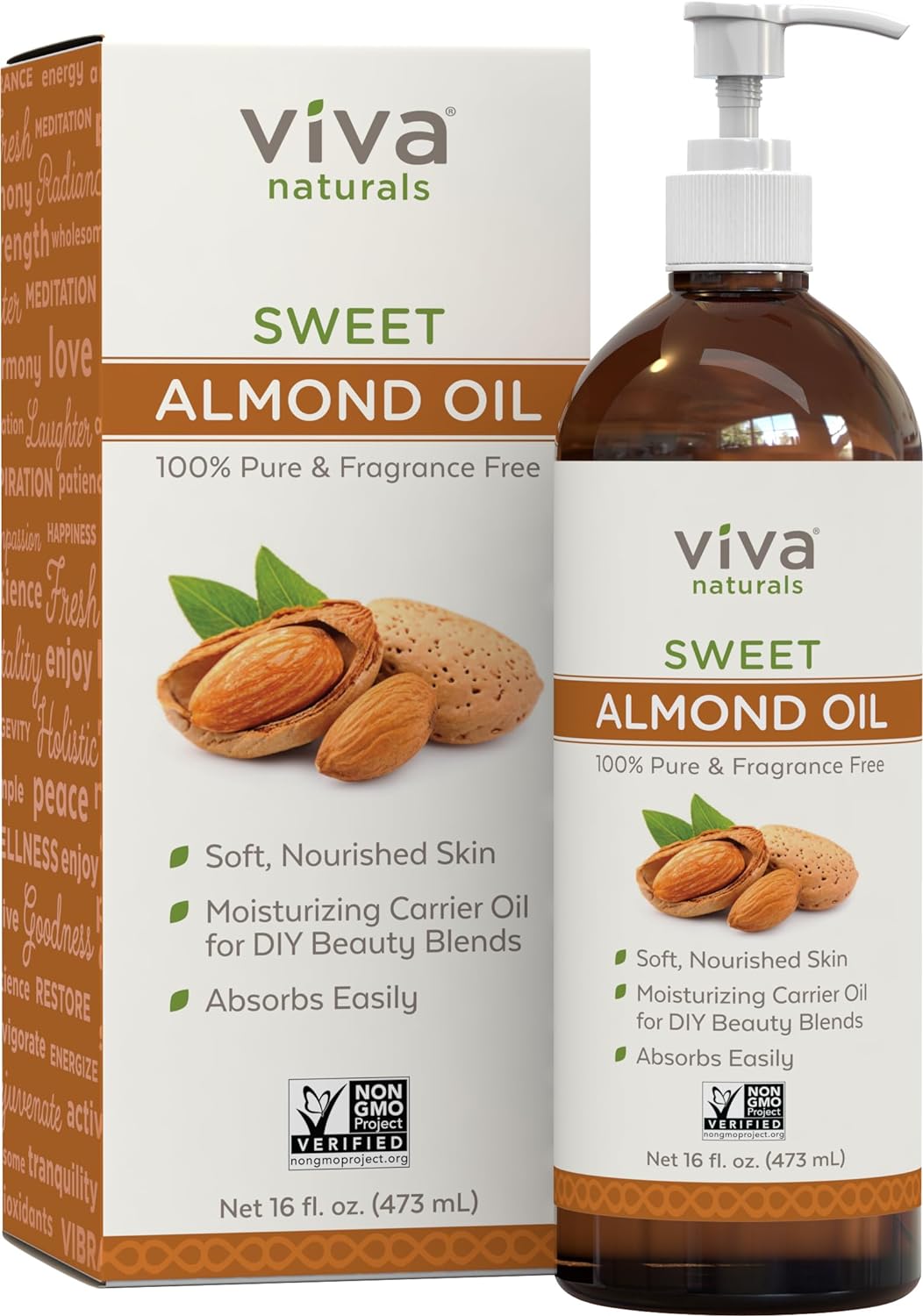 Viva Naturals Sweet Almond Oil - 100% Pure Hair and Skin Softener, Non-Greasy for Massage, Carrier Oil for Essential Oils and DIY Beauty Blends, Expeller-Pressed Almond Oil for Body, Non-GMO, 16 fl oz