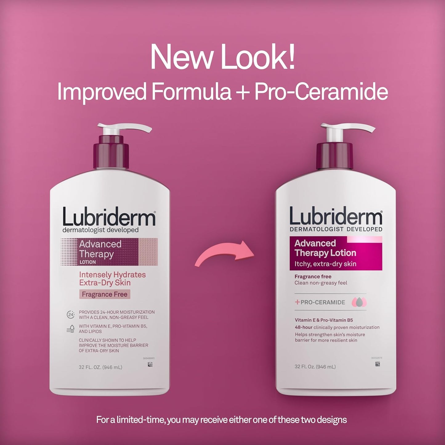 Lubriderm Advanced Therapy Fragrance Free Moisturizing Hand & Body Lotion + Pro-Ceramide with Vitamins E & Pro-Vitamin B5, Intense Hydration for Itchy, Extra Dry Skin, Non-Greasy, 32 fl. oz