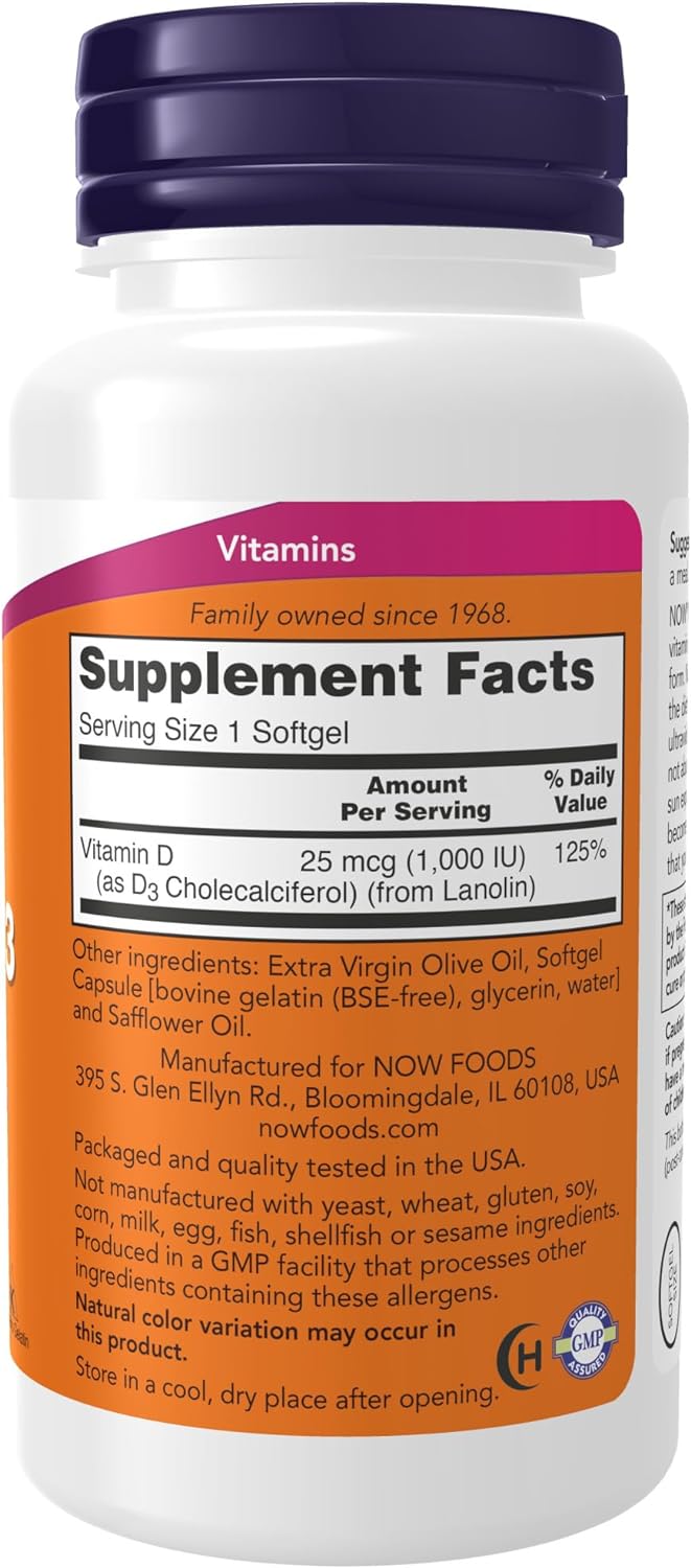 NOW Foods Vitamin D-3, 1000 IU, 180 Softgels