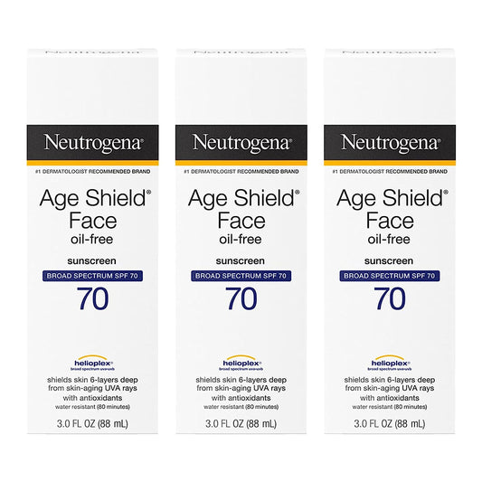 Neutrogena Age Shield Face Oil-Free Sunscreen Lotion with Broad Spectrum SPF 70, Non-Comedogenic Moisturizing Sunscreen to Help Prevent Signs of Aging, PABA-Free, 3 fl. oz (Pack of 3)