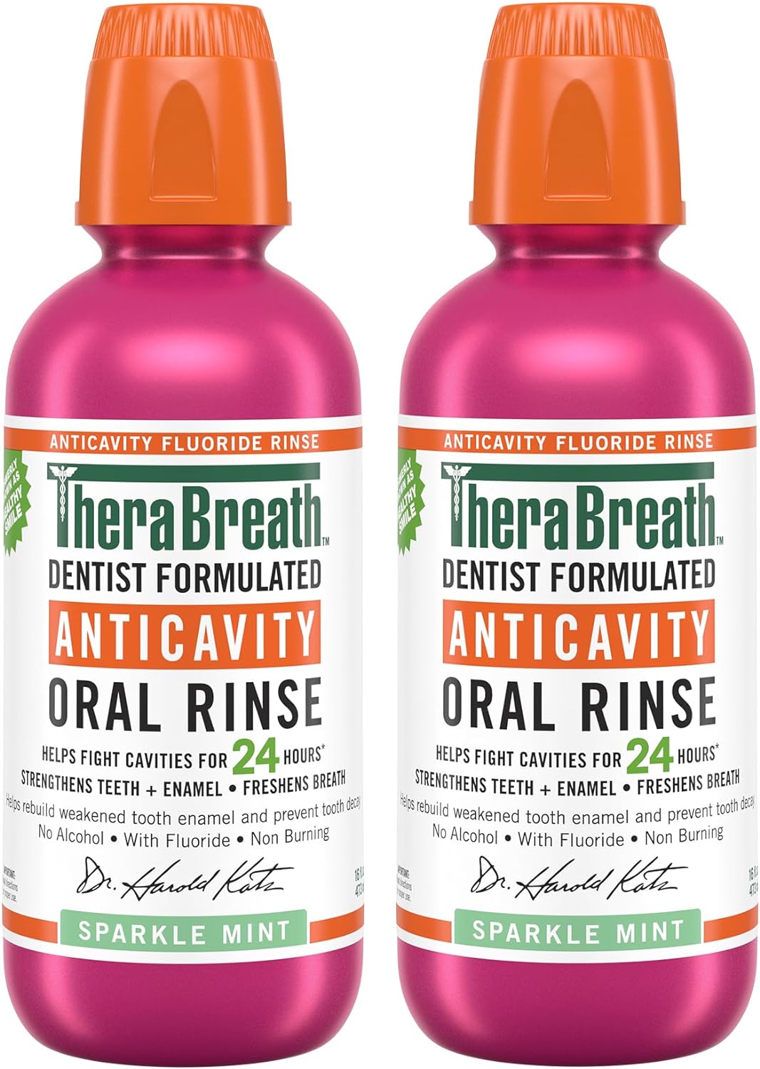 TheraBreath Cavity,Bad Breath Healthy Smile Dentist Formulated 24-Hour Oral Rinse, Fluoride Mouthwash, Sparkle Mint, 16 Ounce (Pack of 2)