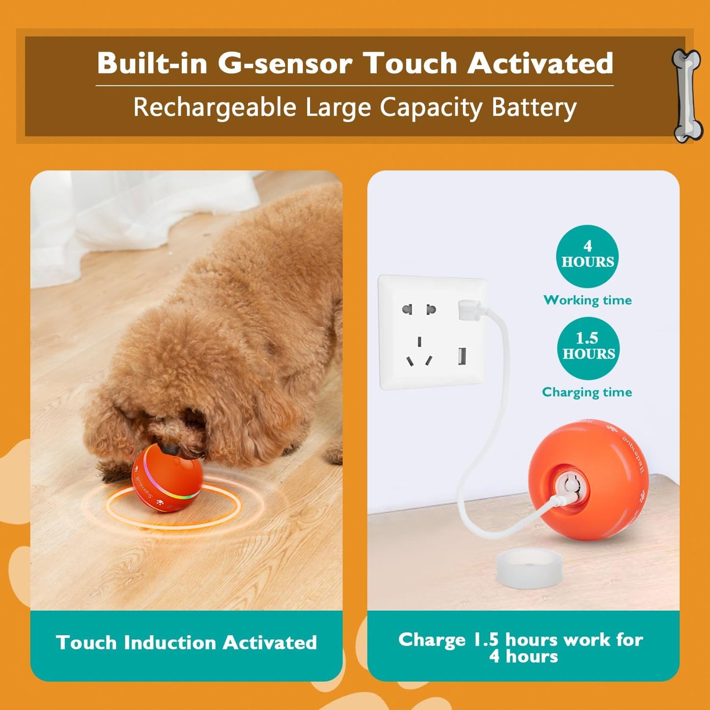 PetDroid Interactive Dog Toys Dog Ball,[2025 Newly Upgraded] Durable Motion Activated Automatic Rolling Ball Toys for/Small/Medium/Large Dogs,USB Rechargeable (Orange)