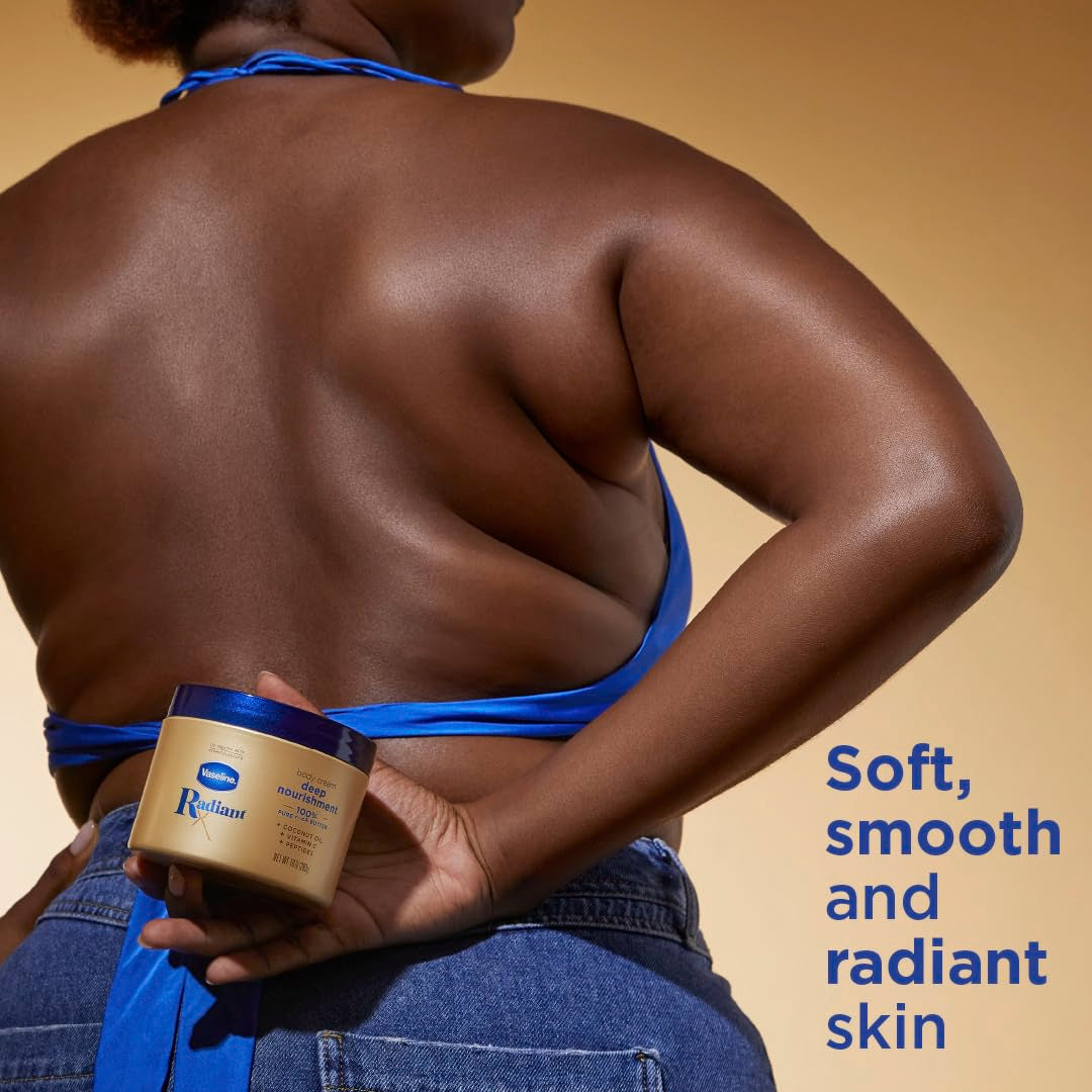 Vaseline Radiant X Deep Nourishment Body Cream 100% Pure Shea Butter, Coconut Oil, Vitamin C, & Peptides, 10 OZ