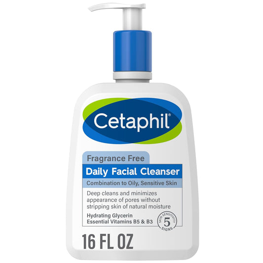 Cetaphil Face Wash, Daily Facial Cleanser for Sensitive, Combination to Oily Skin, NEW 16 oz, Fragrance Free,Gentle Foaming, Soap Free, Hypoallergenic