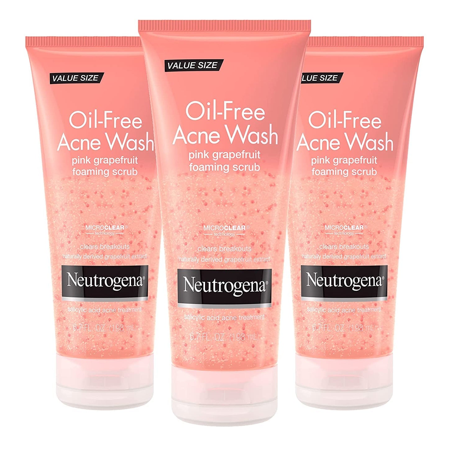 Neutrogena Oil Free Pink Grapefruit Acne Treatment Face Wash with Vitamin C, 2% Salicylic Acid, Gentle Foaming Facial Scrub to Treat & Prevent Breakouts, 6.7 Fl Oz, Pack of 3