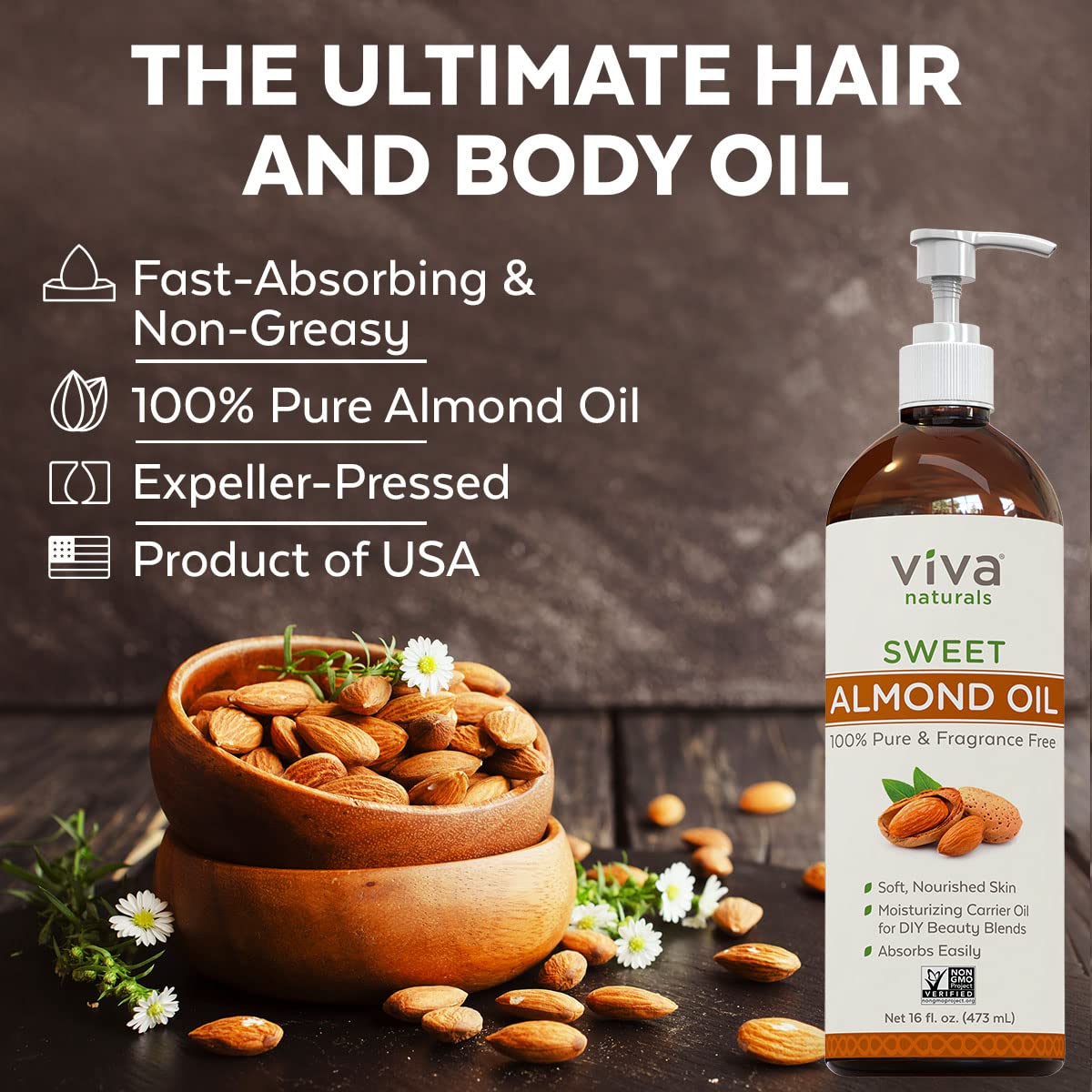 Viva Naturals Sweet Almond Oil - 100% Pure Hair and Skin Softener, Non-Greasy for Massage, Carrier Oil for Essential Oils and DIY Beauty Blends, Expeller-Pressed Almond Oil for Body, Non-GMO, 16 fl oz