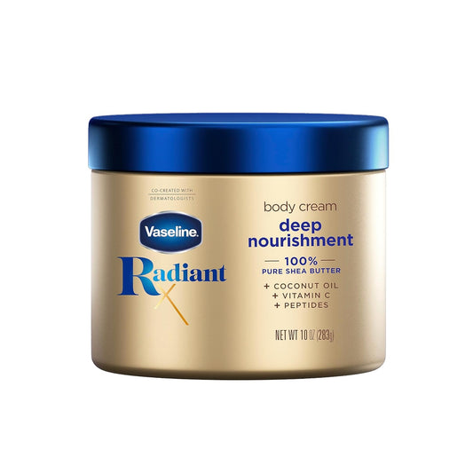 Vaseline Radiant X Deep Nourishment Body Cream 100% Pure Shea Butter, Coconut Oil, Vitamin C, & Peptides, 10 OZ