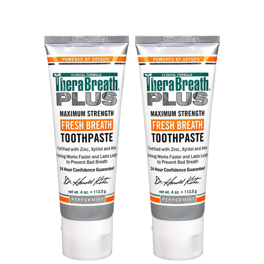 TheraBreath Plus Fresh Breath Maximum Strength 24-Hour Toothpaste with Zinc, Xylitol and Aloe, 4 Ounce (Pack of 2)