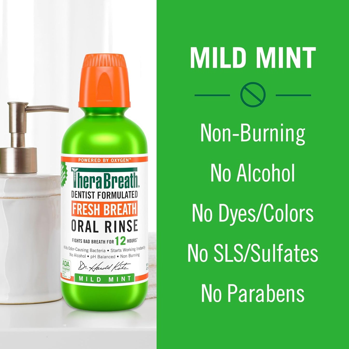 TheraBreath Fresh Breath Mouthwash, Mild Mint Flavor, Alcohol-Free, 16 Fl Oz (2-Pack)