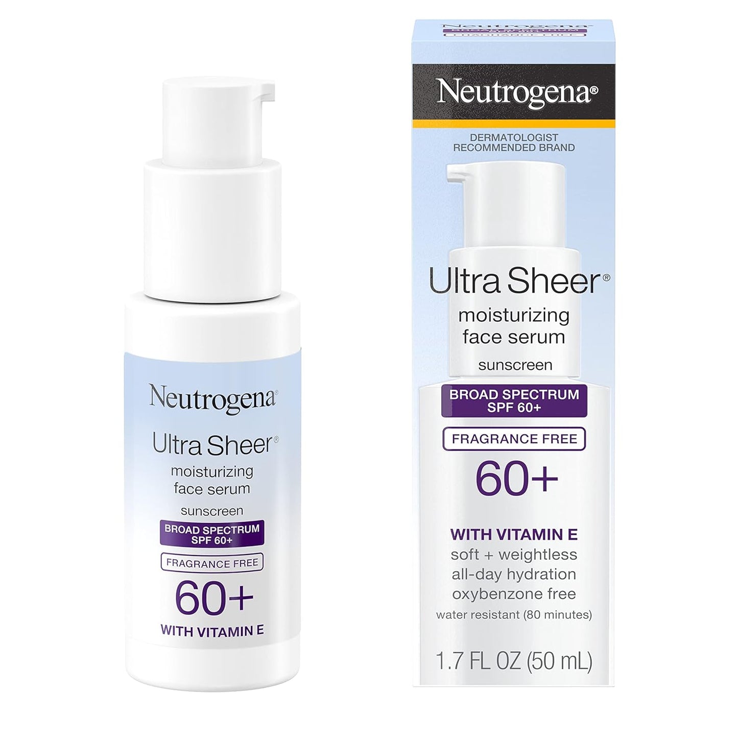 Neutrogena Ultra Sheer Moisturizing Face Serum with Vitamin E & SPF 60+, All Day Facial Sunscreen Serum with Broad Spectrum UVA/UVB Protection, Fragrance-Free, Oxybenzone-Free, 1.7 oz