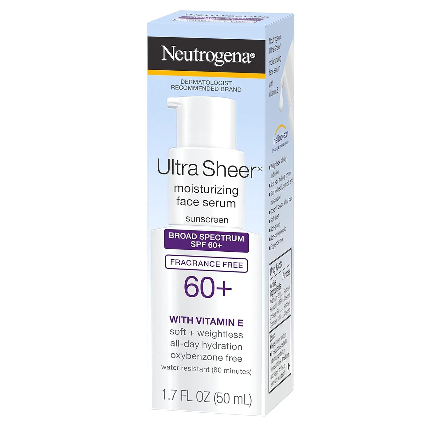 Neutrogena Ultra Sheer Moisturizing Face Serum with Vitamin E & SPF 60+, All Day Facial Sunscreen Serum with Broad Spectrum UVA/UVB Protection, Fragrance-Free, Oxybenzone-Free, 1.7 oz