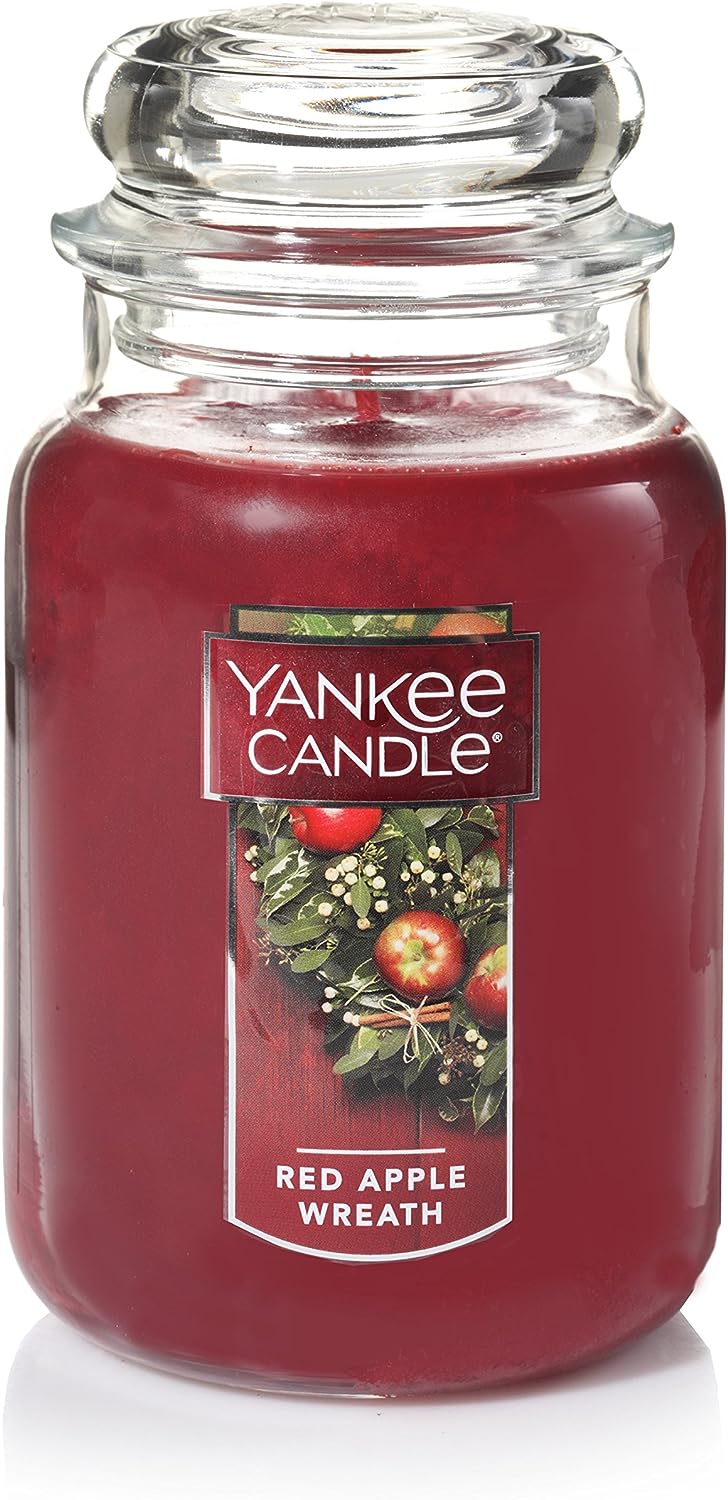 Yankee Candle Red Apple Wreath Scented, Classic 22oz Large Jar Single Wick Candle, Over 110 Hours of Burn Time, Christmas | Holiday Candle