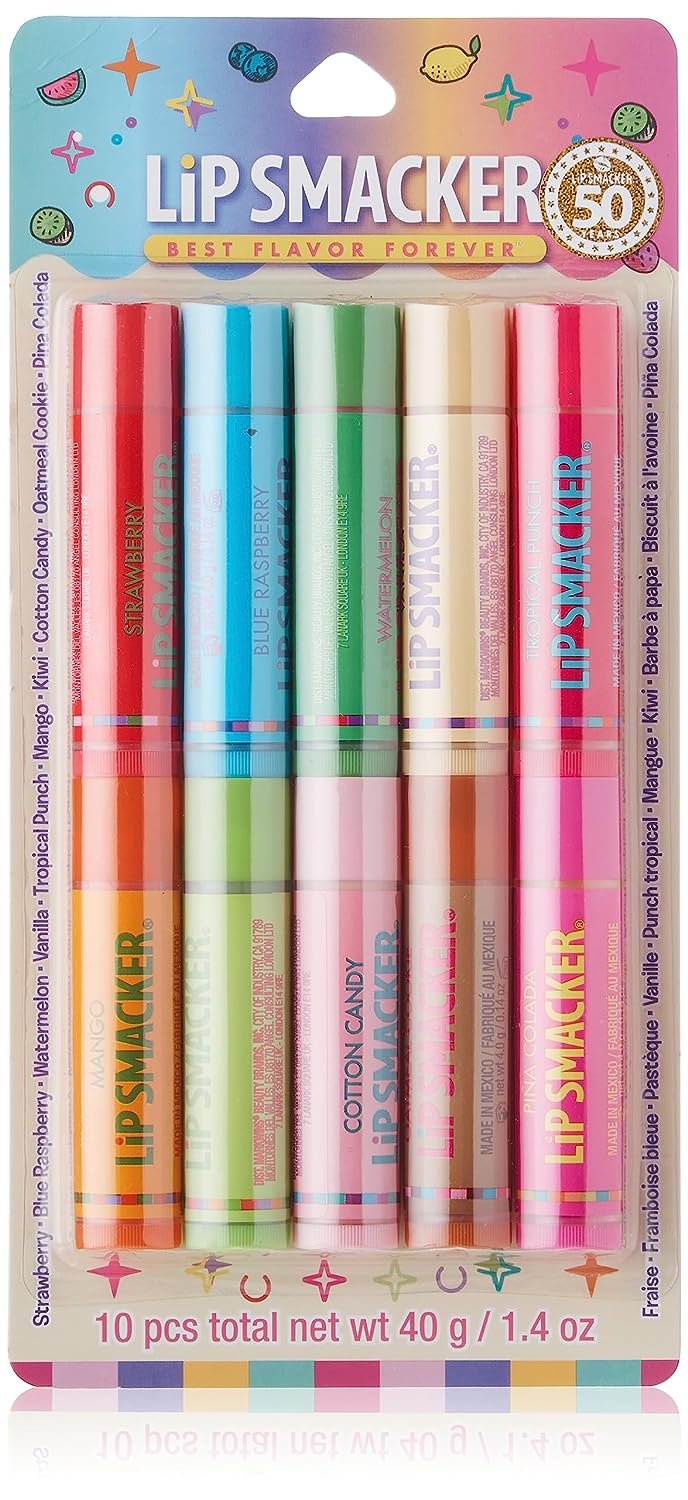 Lip Smacker Original & Best 10 Piece Lip Balm Party Pack Oatmeal Cookie, Vanilla, Mango, Watermelon, Tropical Punch, Cotton Candy, Kiwi, Strawberry, Blue Raspberry, Pina Colada