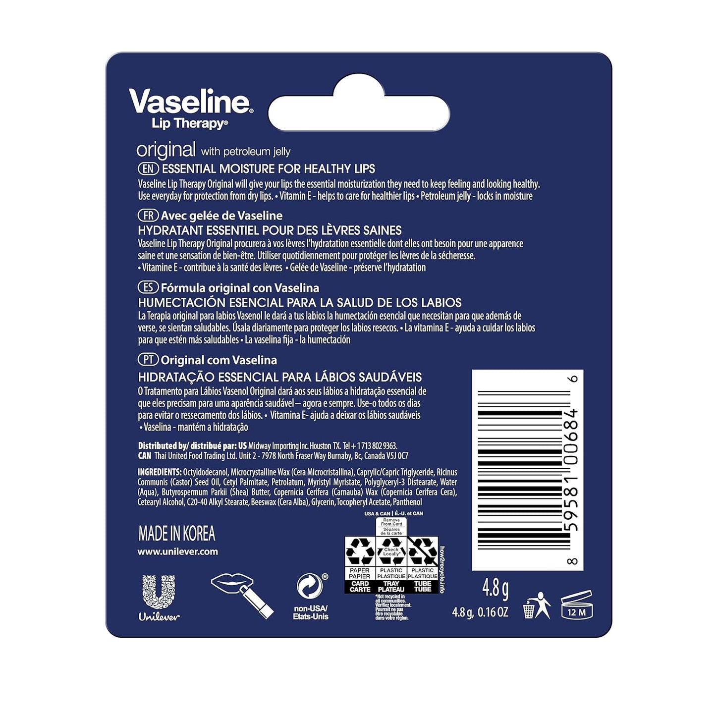 Vaseline Lip Therapy Care Original, Fast-Acting Nourishment, Ideal for Chapped, Dry, Cracked, or Damaged Lips, Lip Balm, 4-Pack, 0.16 Oz Each