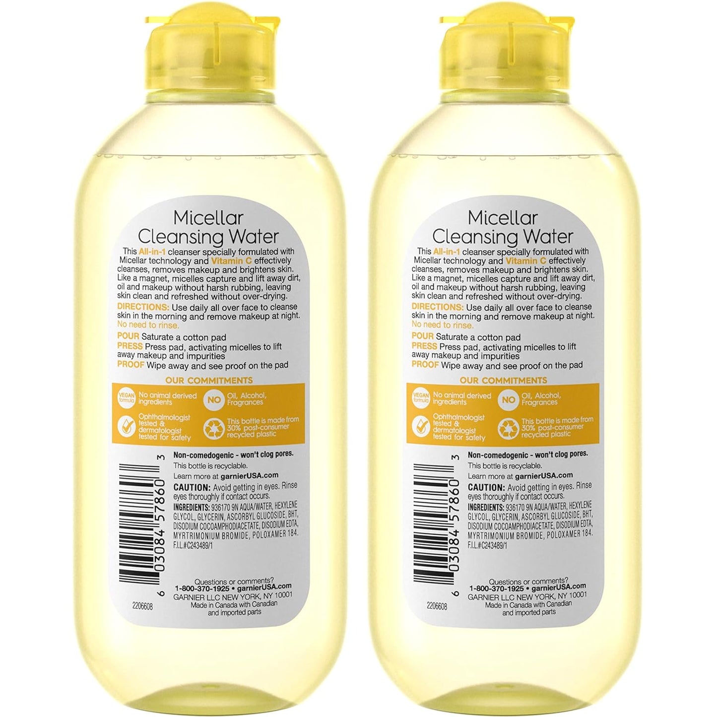 Garnier SkinActive Micellar Water with Vitamin C, Facial Cleanser & Makeup Remover, 13.5 Fl Oz (400mL), 2 Count (Packaging May Vary)