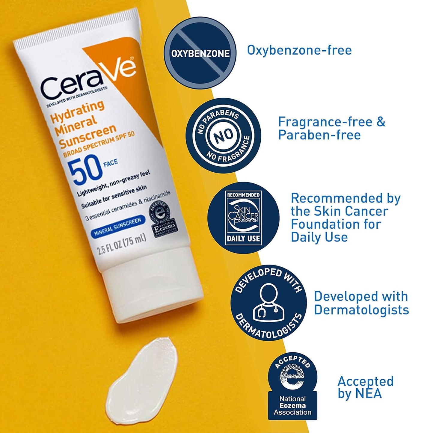 CeraVe 100% Mineral Sunscreen SPF 50 | Face Sunscreen with Zinc Oxide & Titanium Dioxide for Sensitive Skin | With Hyaluronic Acid, Niacinamide, and Ceramides | 2.5 oz