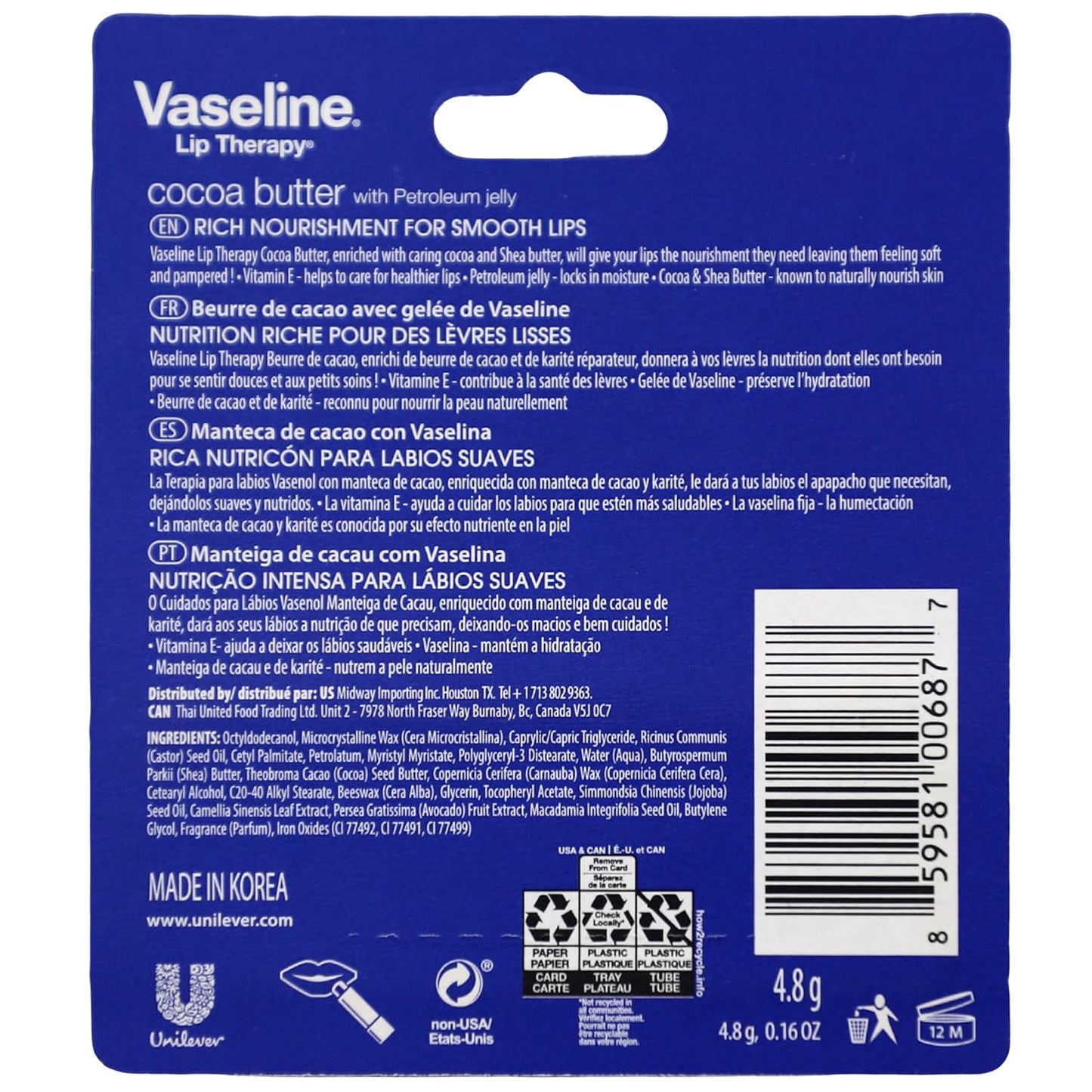 Vaseline Lip Therapy Care Cocoa Butter, Fast-Acting Nourishment, Ideal for Chapped, Dry, Cracked, or Damaged Lips, Lip Balm, 4-Pack, 0.16 Oz Each