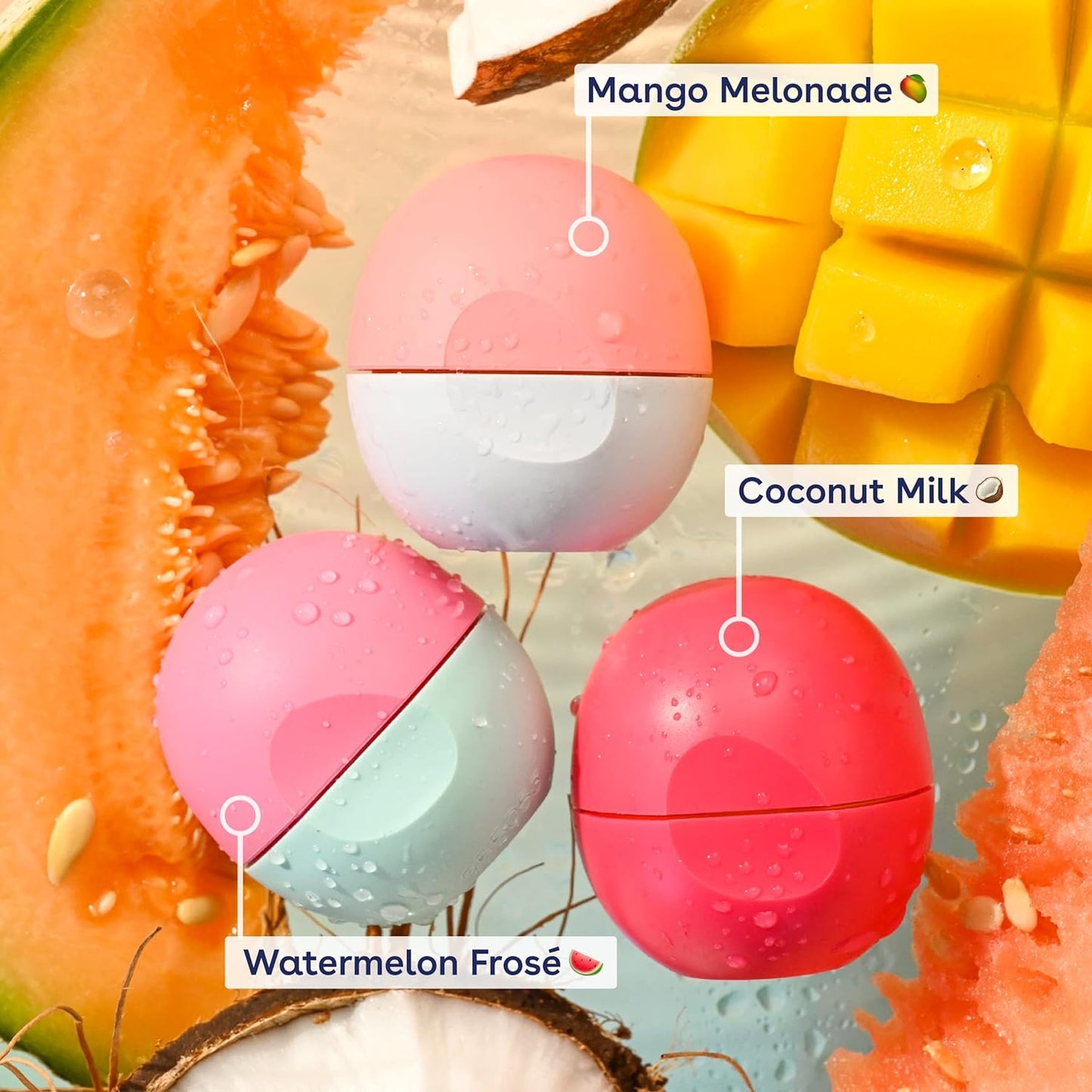 eos Juicy Vibes Lip Balm Variety Pack- Watermelon Frosé, Mango Melonade & Coconut Milk, All-Day Moisture Lip Care Products, 0.25 oz, 3-Pack