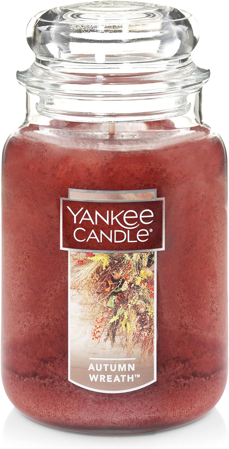 Yankee Candle Autumn Wreath Scented, Classic 22oz Large Jar Single Wick Aromatherapy Candle, Over 110 Hours of Burn Time, Apothecary Jar Fall Candle, Autumn Candle Scented for Home