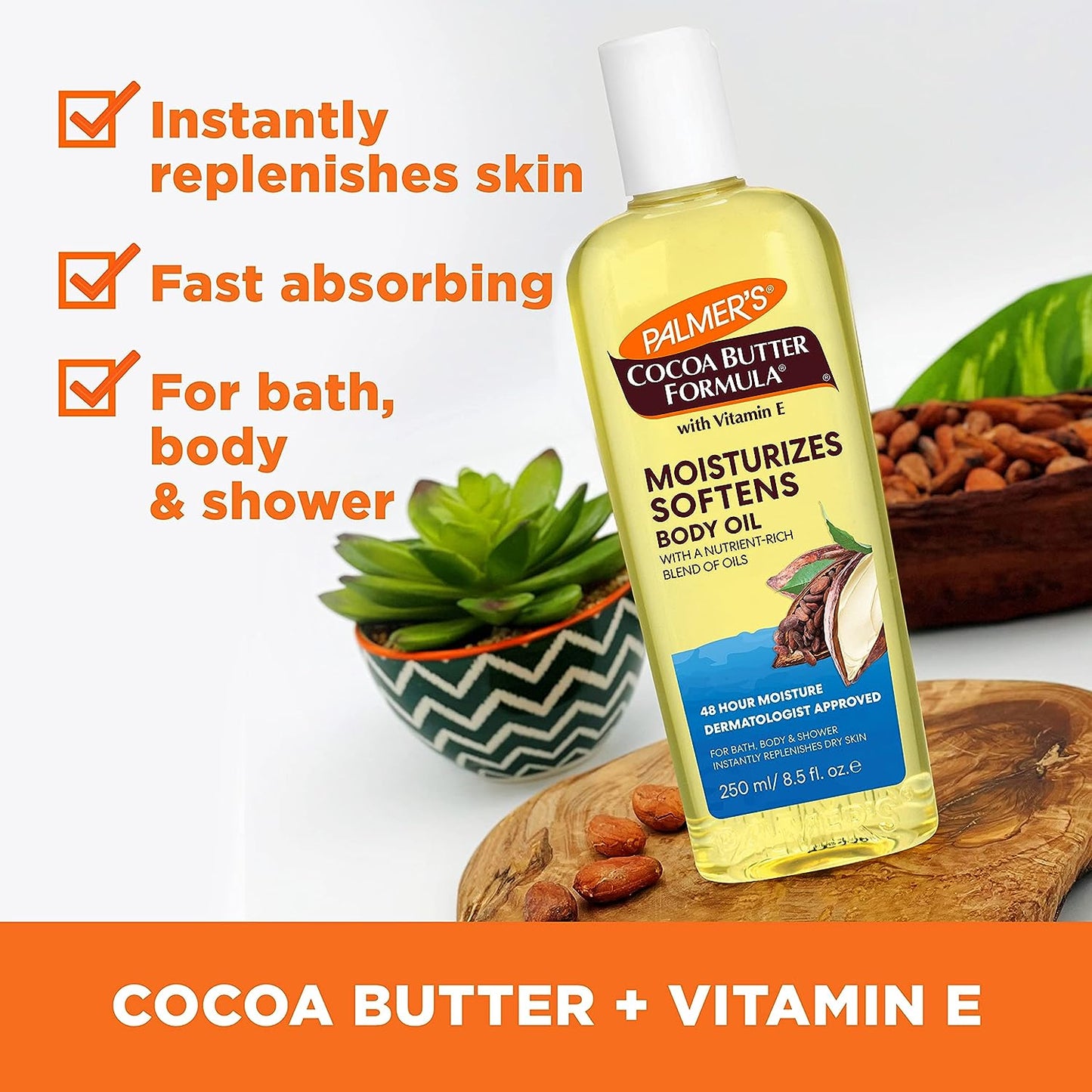 Palmer's Cocoa Butter Moisturizing Body Oil with Vitamin E, Radiant Looking Glow and Skin Hydration, Instant Absorption, Bath, Body and Shower, 8.5 Ounces