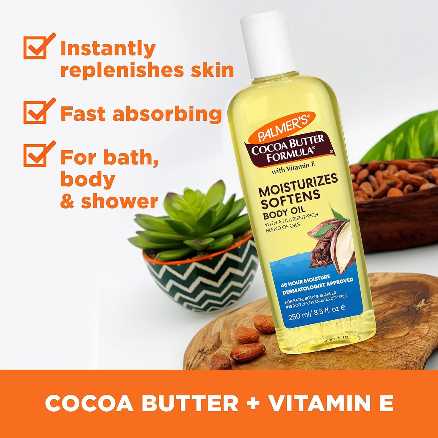 Palmer's Cocoa Butter Moisturizing Body Oil with Vitamin E, Radiant Looking Glow and Skin Hydration, Instant Absorption, Bath, Body and Shower, 8.5 Ounces