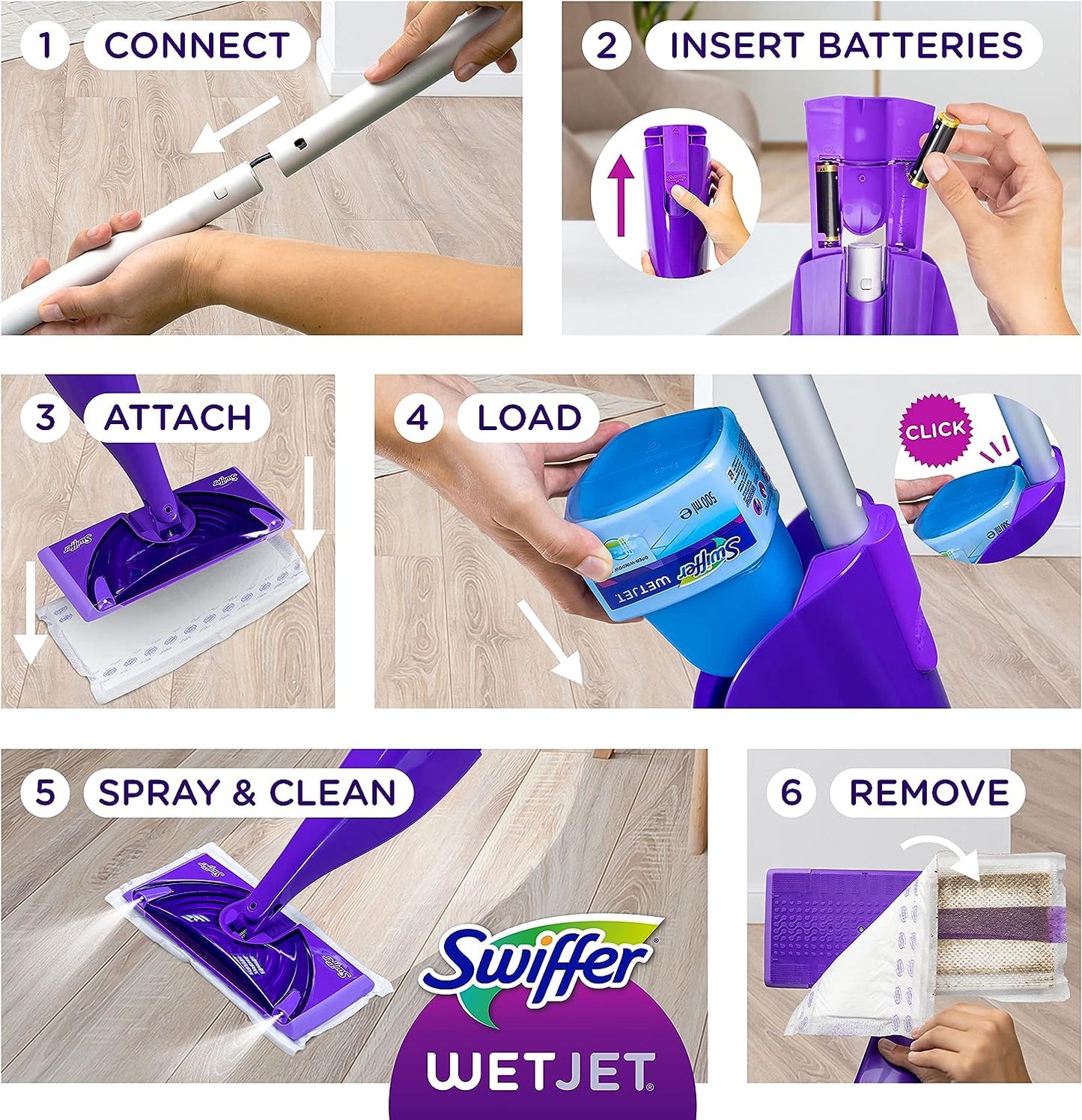 Swiffer WetJet Hardwood and Floor Spray Mop Cleaner Starter Kit, Includes: 1 Power Mop, 10 Pads, Cleaning Solution, Batteries