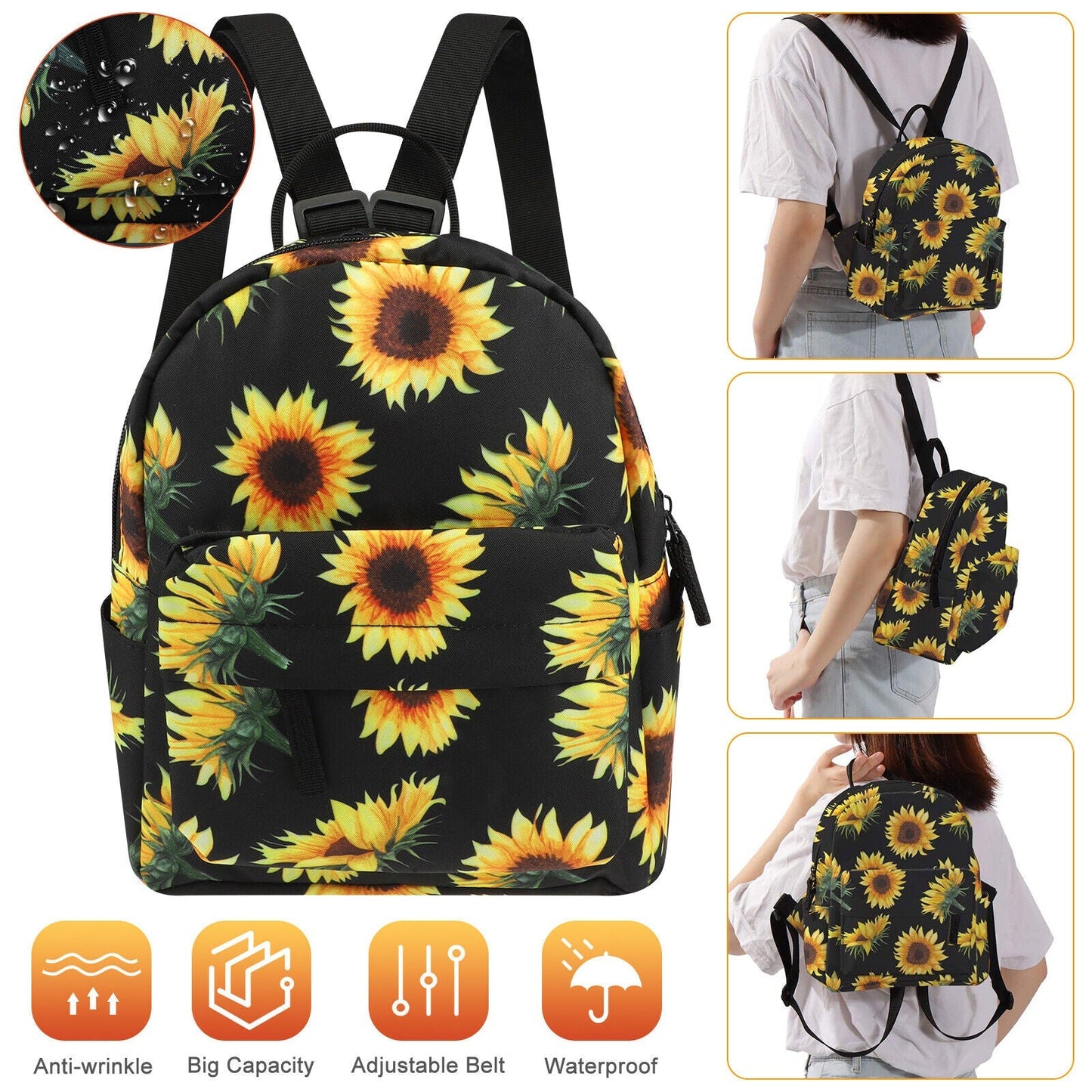 Waterproof Sunflower Backpack Women Purse Shoulder Rucksack Travel Bag Handbag