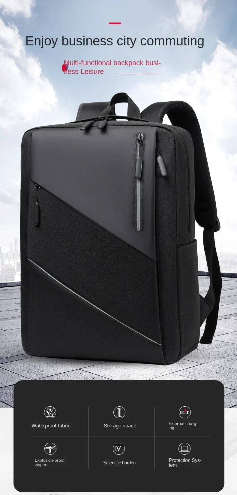 Large Capacity Waterproof Backpack , Casual Fashion Laptop Bag, Wear-Resistant,