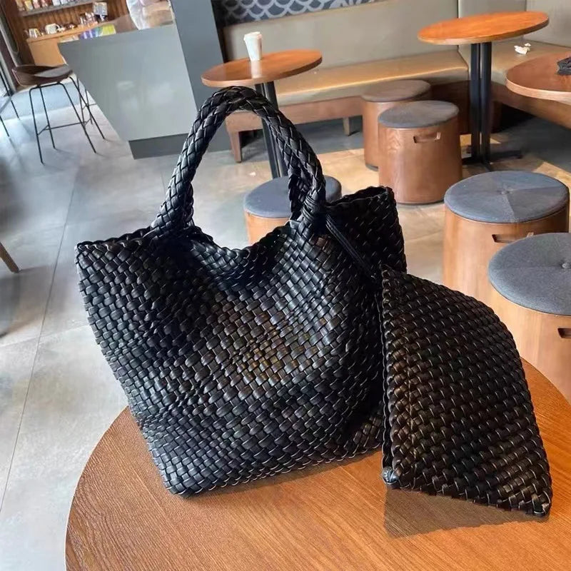 Women PU Leather Knitting Handbag Lady Fashion Classic Tote Female Quality Hand-woven Basket Shoulder Bag Messenger with Purse