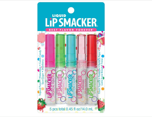 Lip Smacker Liquid Flavored Lip Gloss Friendship Pack |Tropical Punch, Watermelon, Cotton Candy, Sugar, Strawberry | Stocking Stuffer | Christmas Gift, Set of 5