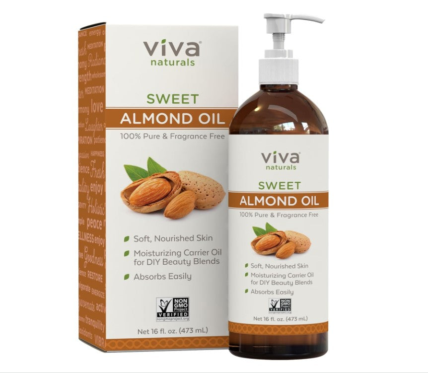 Viva Naturals Sweet Almond Oil - 100% Pure Hair and Skin Softener, Non-Greasy for Massage, Carrier Oil for Essential Oils and DIY Beauty Blends, Expeller-Pressed Almond Oil for Body, Non-GMO, 16 fl oz