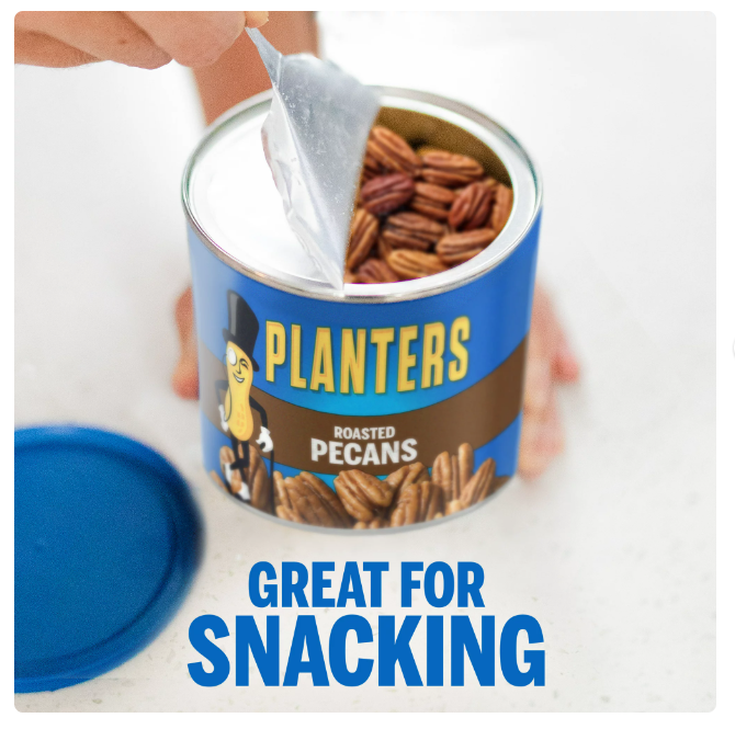 PLANTERS Roasted Pecan Nuts, Party Snacks, Plant-Based Protein, 7.25 Oz Canister