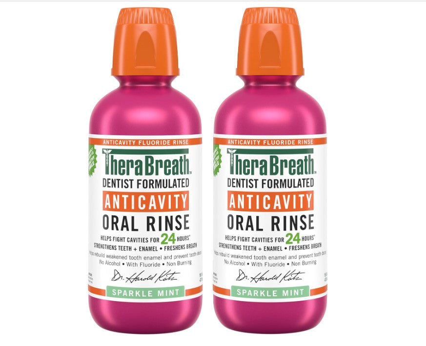 TheraBreath Cavity,Bad Breath Healthy Smile Dentist Formulated 24-Hour Oral Rinse, Fluoride Mouthwash, Sparkle Mint, 16 Ounce (Pack of 2)