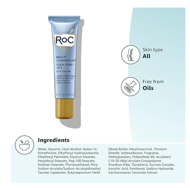 RoC Multi Correxion 5 in 1 Anti-Aging Eye Cream for Puffiness, Under Eye Bags & Dark Circles, Skin Care Treatment with Shea Butter, 0.5 Ounces (Packaging May Vary)