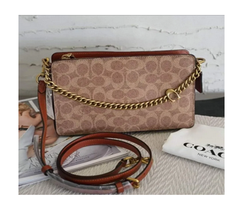 Coach Signature Chain Tan Rust Calf Leather Crossbody Bag For Women