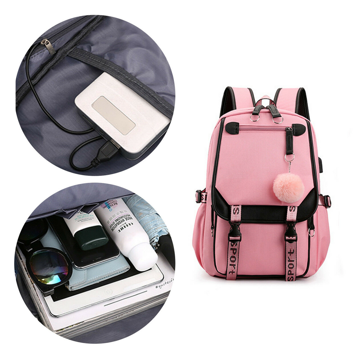 Women School Bag Oxford Waterproof Girls Backpack Rucksack w/ USB Charging Port