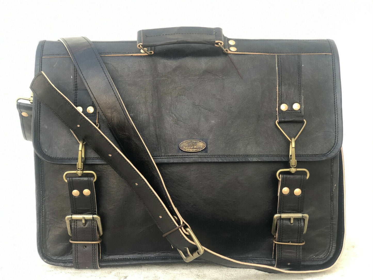 Black Leather Messenger Men Shoulder Laptop Satchel Briefcase Vintage Bag (18")