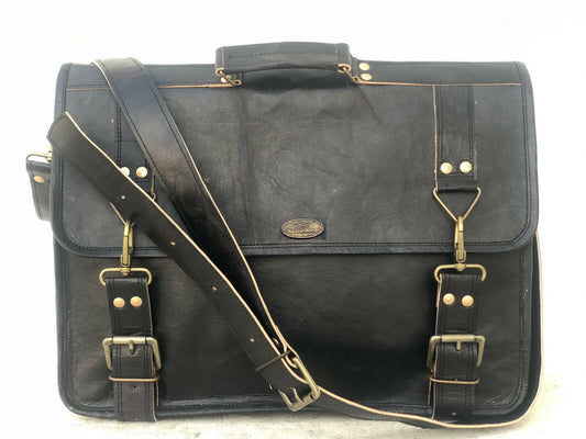 Black Leather Messenger Men Shoulder Laptop Satchel Briefcase Vintage Bag (18")